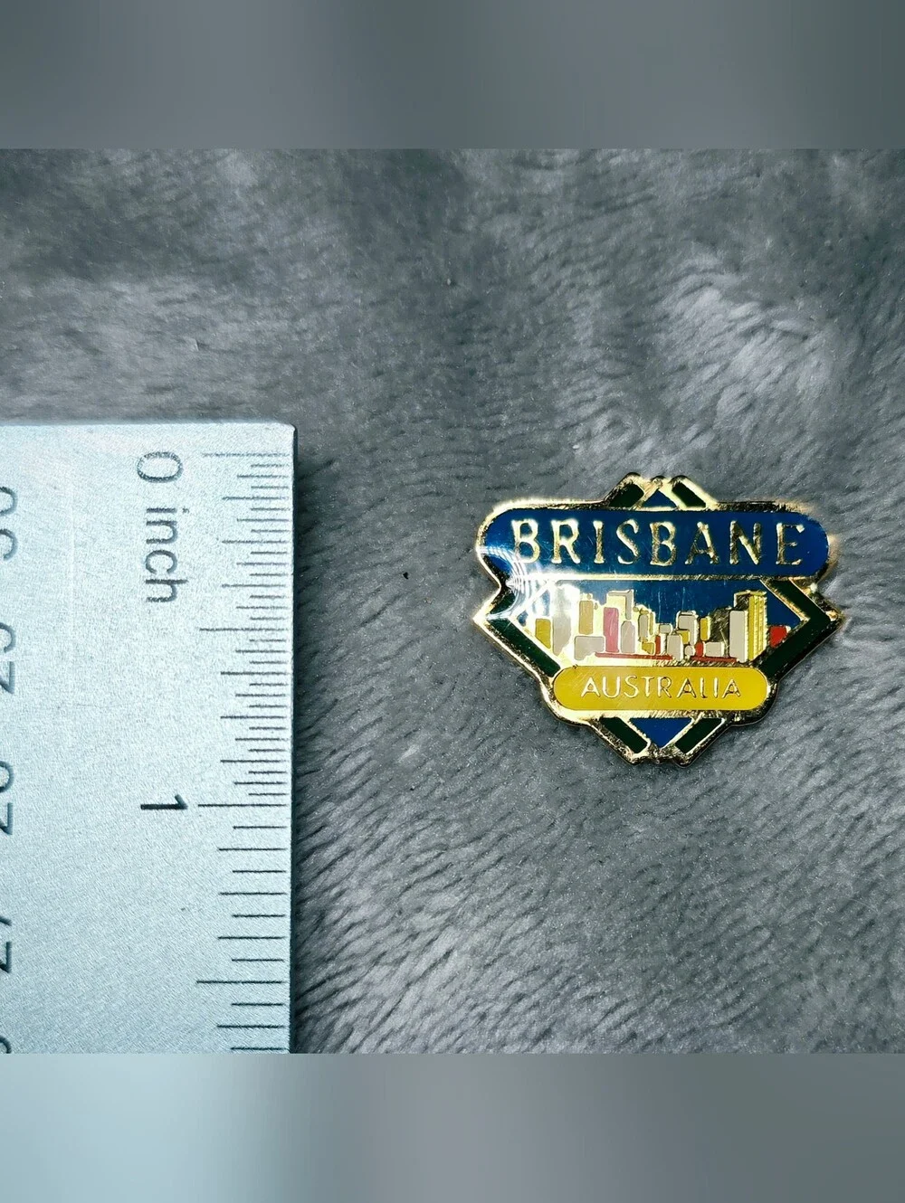 Coming Soon Vintage Brisbane Australia Skyline Enamel Lapel Pin Nu-Color-Vue